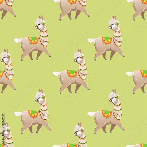Illustration with alpaca and cactus plants. Vector seamless pattern on green background. Llama.