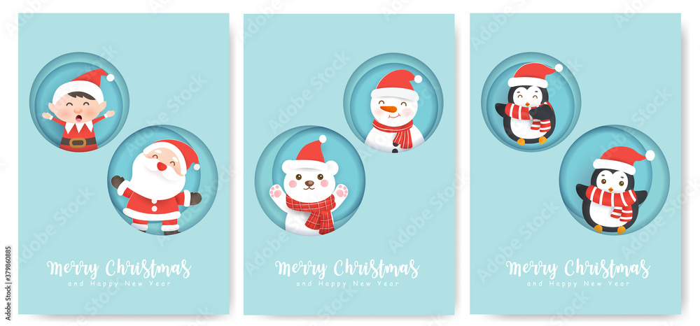 Set of Christmas cards  and new year greeting cards with a cute Santa clause and friends.