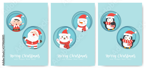 Set of Christmas cards and new year greeting cards with a cute Santa clause and friends.