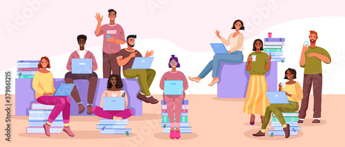 Diverse group of students learning online,communicating in internet, reading books.Multi-national university or school illustration with successful men and women. Diverse smiling students with gadgets