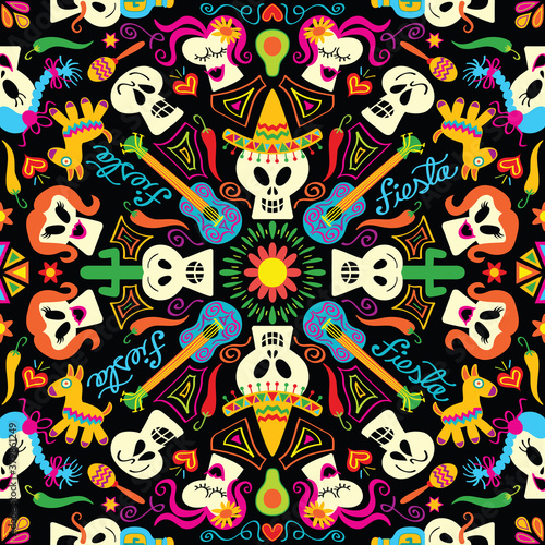 Skulls and symbols form a traditional Mexican motif in honor to the Day of the Dead. Guitars, cactus, tequila bottles, hearts, stars, flowers, hats, avocados, maracas and piñatas in a mandala style
