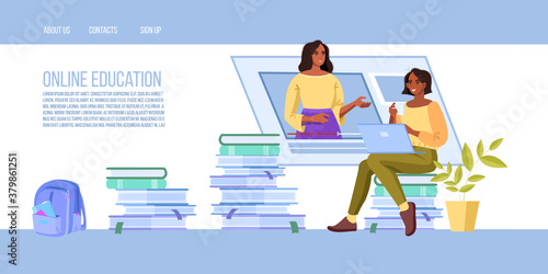 Online education vector landing page template with black tutor and young student learning in internet. Virtual meeting or webinar concept with teacher, books, bag. Online education flat illustration