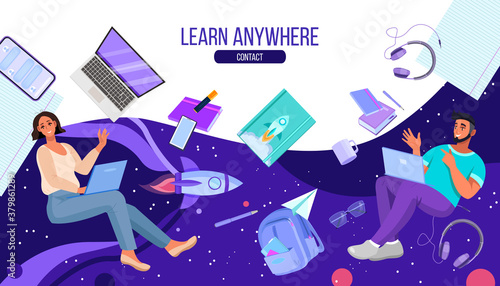 Online education or courses vector illustration with diverse students, levitating objects, space. Digital learning or webinar concept with laptop, man, woman. Creative online education flat background