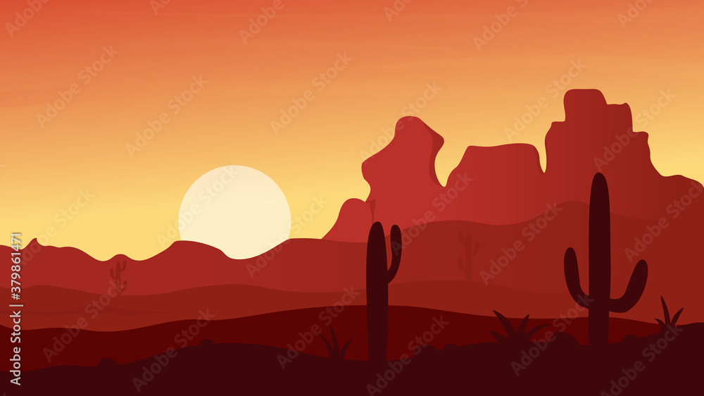 Mexican, Texas or Arisona desert nature at sunset night vector illustration. Cartoon flat natural deserted Mexico landscape mountain canyon silhouettes, dunes, cactuses and dry plants