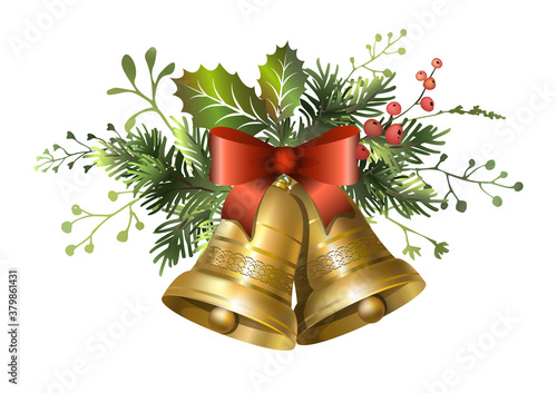 Christmas fir garland with golden bells and red berries.