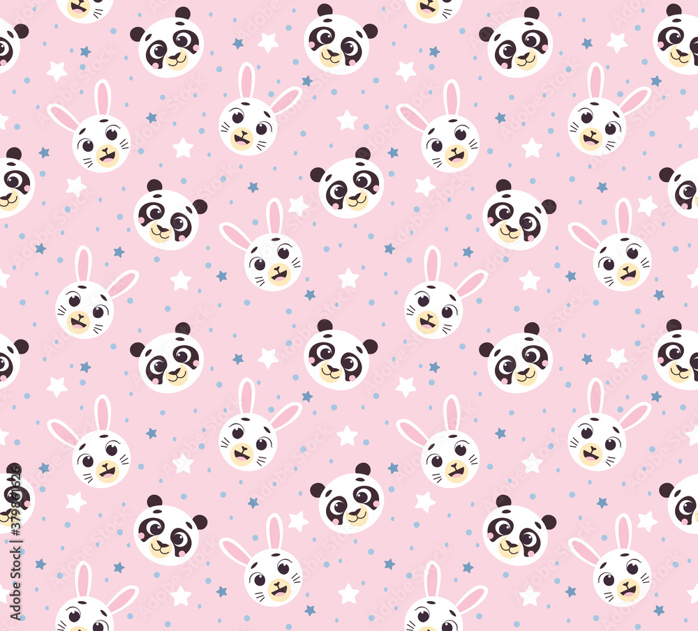 Seamless nursery pattern with cute animals faces vector print for fabric, wrapping, textile, wallpaper, apparel on pink background