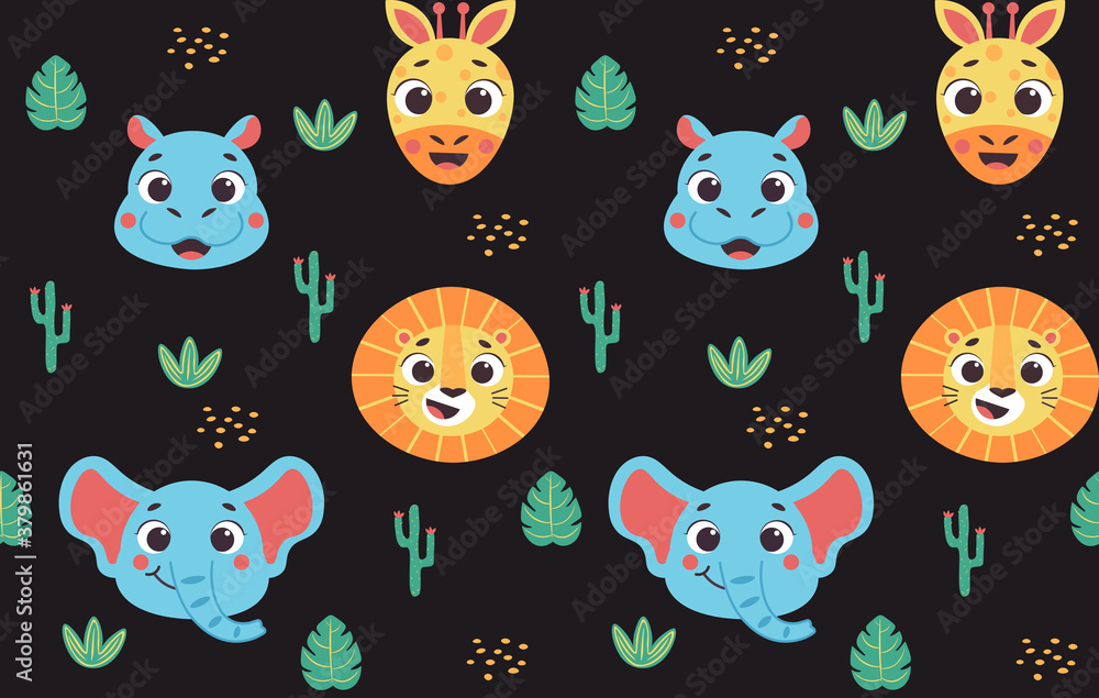 Seamless safari nursery pattern with cute animals faces vector print for fabric, wrapping, textile, wallpaper, apparel on black background Seamless safari nursery pattern with cute animals faces vector print for fabric, wrapping, textile, wallpaper, apparel on black background