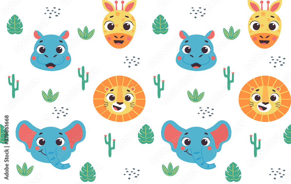 Obraz premium Seamless safari nursery pattern with cute animals faces vector print for fabric, wrapping, textile, wallpaper, apparel on white background