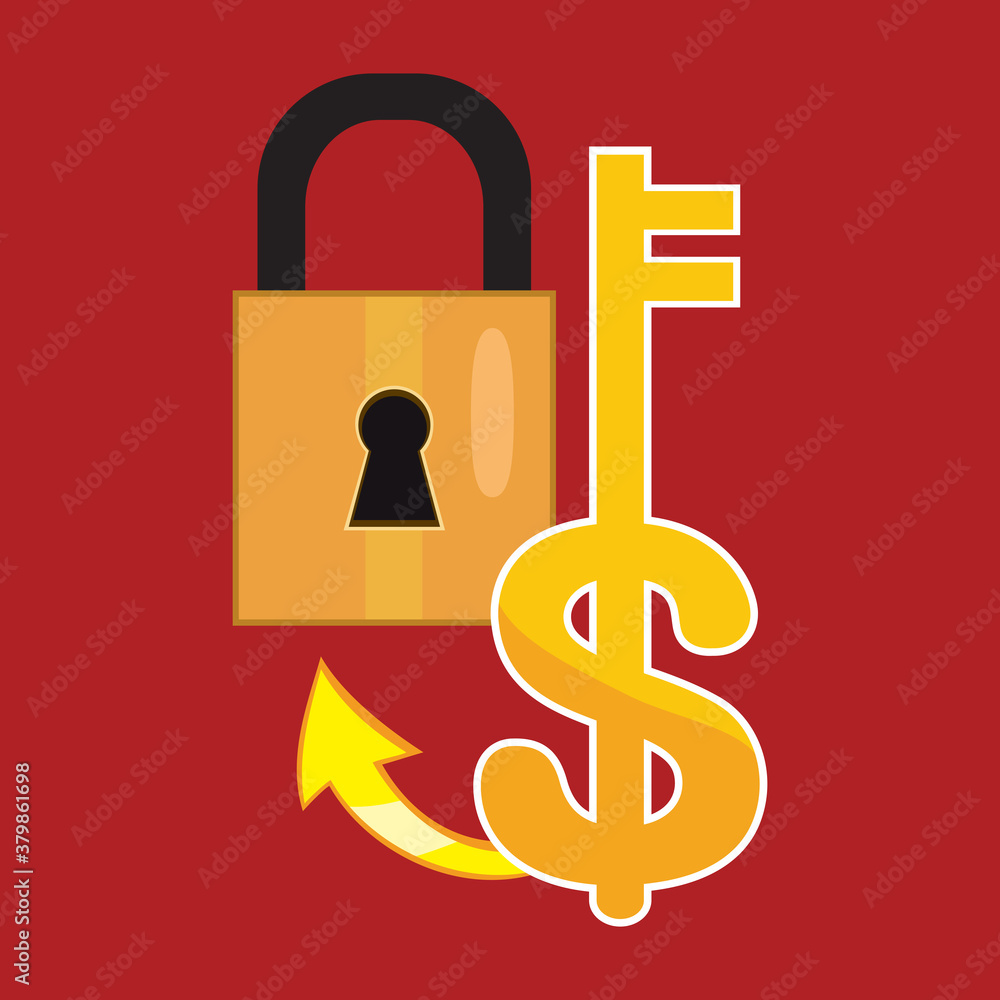 Gold key with dollar sign, Dollar key lock and unlock concept, vector image illustration Gold key with dollar sign, Dollar key lock and unlock concept, vector image illustration
