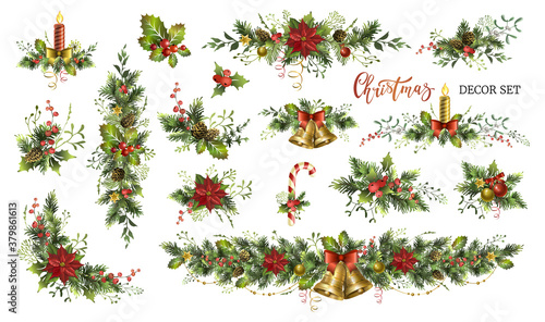 Big Christmas decor elements set for your design. Garland fective set.