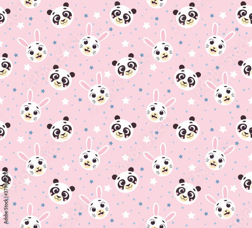 Seamless nursery pattern with cute animals faces vector print for fabric  wrapping  textile  wallpaper  apparel on pink background