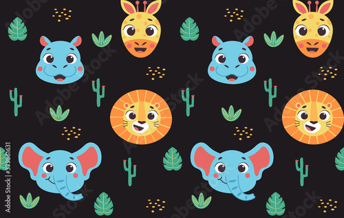 Seamless safari nursery pattern with cute animals faces vector print for fabric, wrapping, textile, wallpaper, apparel on black background