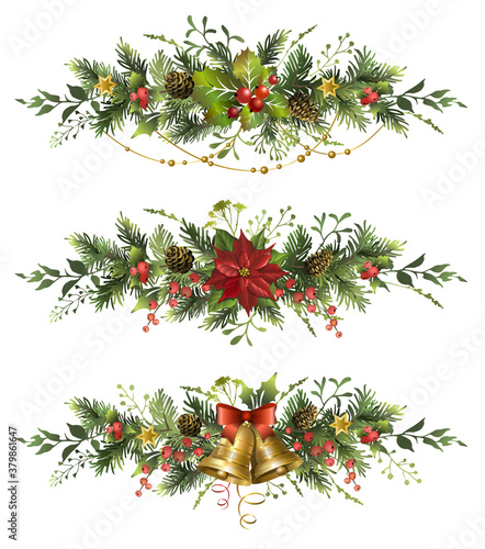 Set of Christmas fir garlands with golden bells, poinsettia flower and red berries.