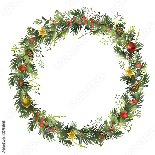 Christmas wreath with fir branches and holly berries.