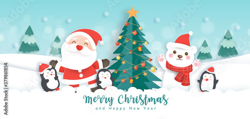 Merry Christmas and happy new year banner with cute Santa and friends in the snow forest. © Nattapohn