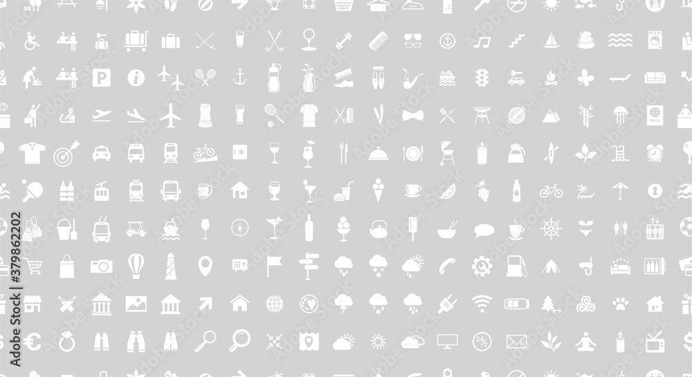Icon set. Seamless pattern. Vector illustrations with travel, transport, hotel, rest, shopping, vacation and beach simbols.