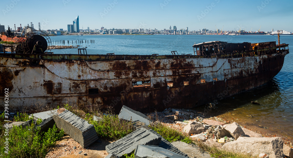 Modern buildings and old destroyed part in port zone of Montevideo, La Plata Bay. Montevideo, Uruguay, Atlantic Ocean