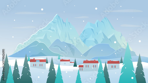 Mountain landscape in winter vector illustration. Cartoon flat frozen nature mountainous scenery with houses in village on snow hills and forest pine trees during snowfall wintertime scene background