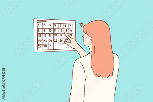 Examination, pregnancy, checkup concept. Young worried woman girl cartoon character checking looking at calendar for pregnant terms or menstruation periods. Waiting for holidays vacations illustration
