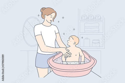 Motherhood, childhood, halth, care, love concept. Young happy smiling woman mom cartoon character washing baby infant toddler child kid son in bathroom. Mothers day and domestic life illustration.