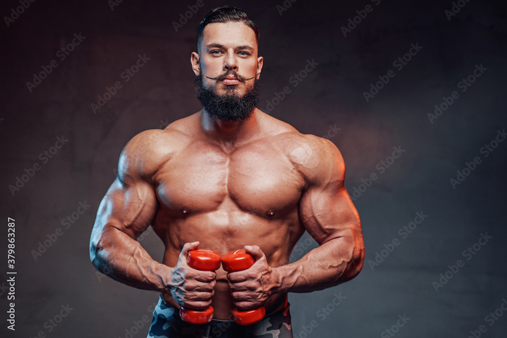 Brutal and muscular guy with beard and with red dumbells posing in gradient studio background.