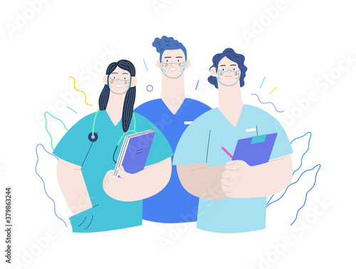 Medical insurance -internship jobs -modern flat vector concept digital illustration - young medical specialists standing together, team of interns concept, medical office or laboratory
