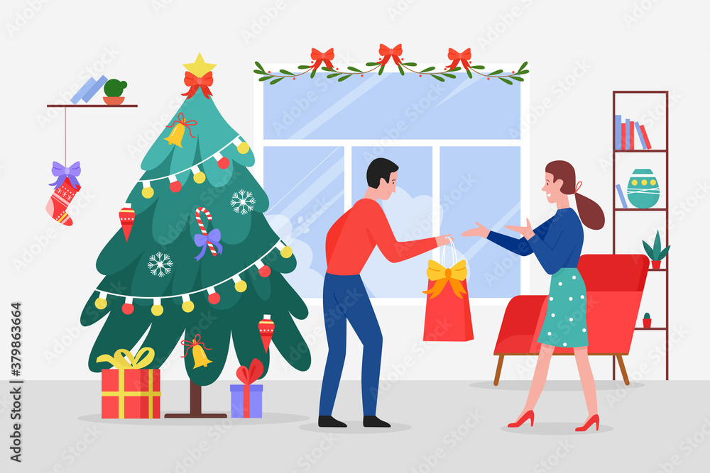 Fototapeta premium Giving Christmas gifts vector illustration. Cartoon flat couple people give Xmas present gift before Christmas Eve celebration, happy winter holiday in home living room with Christmas tree background