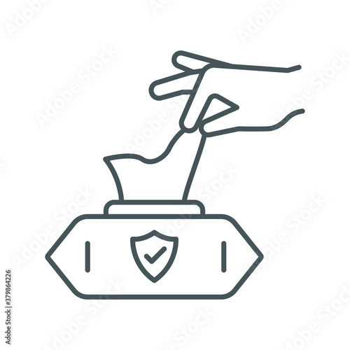 Hand pulling wet tissue thin line icon, wash and hygiene, hand tissues sign, vector graphics, a linear pattern on a white background, eps 10