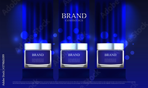 A cosmetic advertisement set on a stand and blue cloth as the main scene with lighting