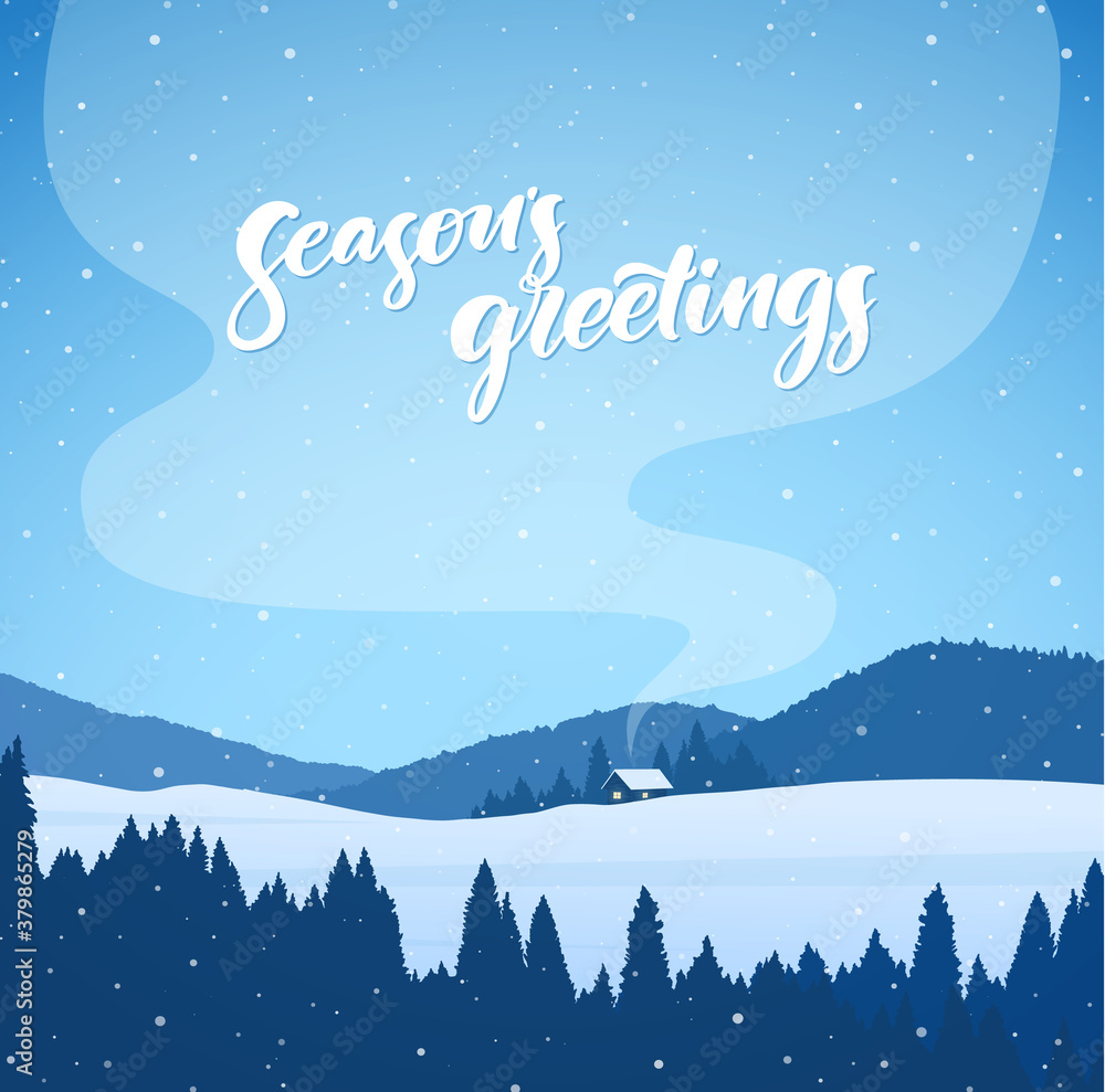 Winter snowy mountains christmas landscape with cartoon houses and handwritten lettering of Season's Greetings