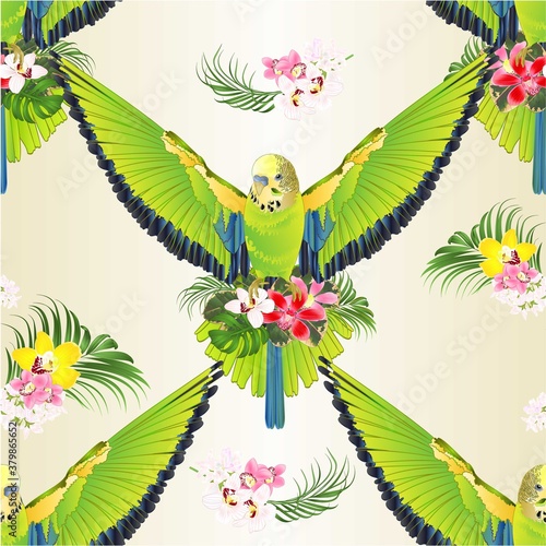 Seamless texture green bird  flying budgerigar,green pet parakeet  or budgie or shell parakeet home pet  and orchids cymbidium palm,philodendron and ficus vintage vector illustration editable 