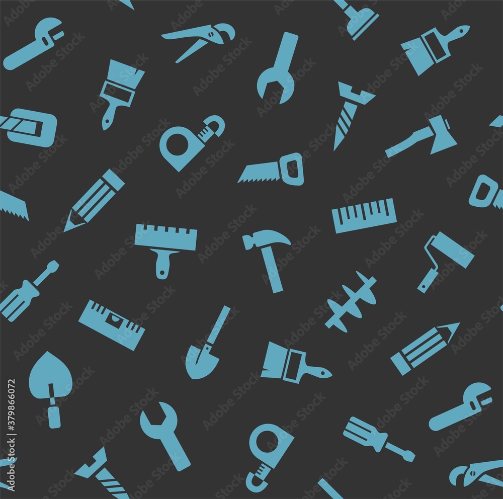 Hand tools, construction, seamless pattern, color, gray, blue. Blue icons on a gray field. Colored flat background. Vector. Hand tools, construction, seamless pattern, color, gray, blue. Blue icons on a gray field. Colored flat background. Vector.