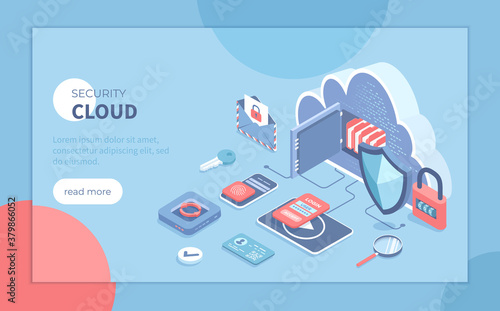 Cloud Security and Data Protection. Online safety, confidentiality of information. Cloud storage, password, lock, personal identification. Isometric vector illustration for poster, presentation banner