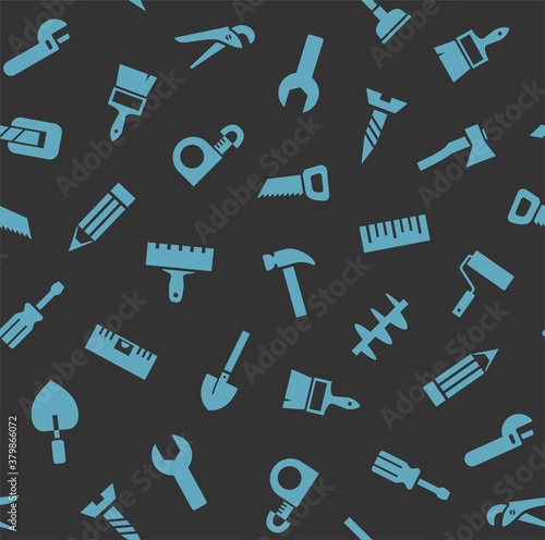 Hand tools, construction, seamless pattern, color, gray, blue. Blue icons on a gray field. Colored flat background. Vector. 