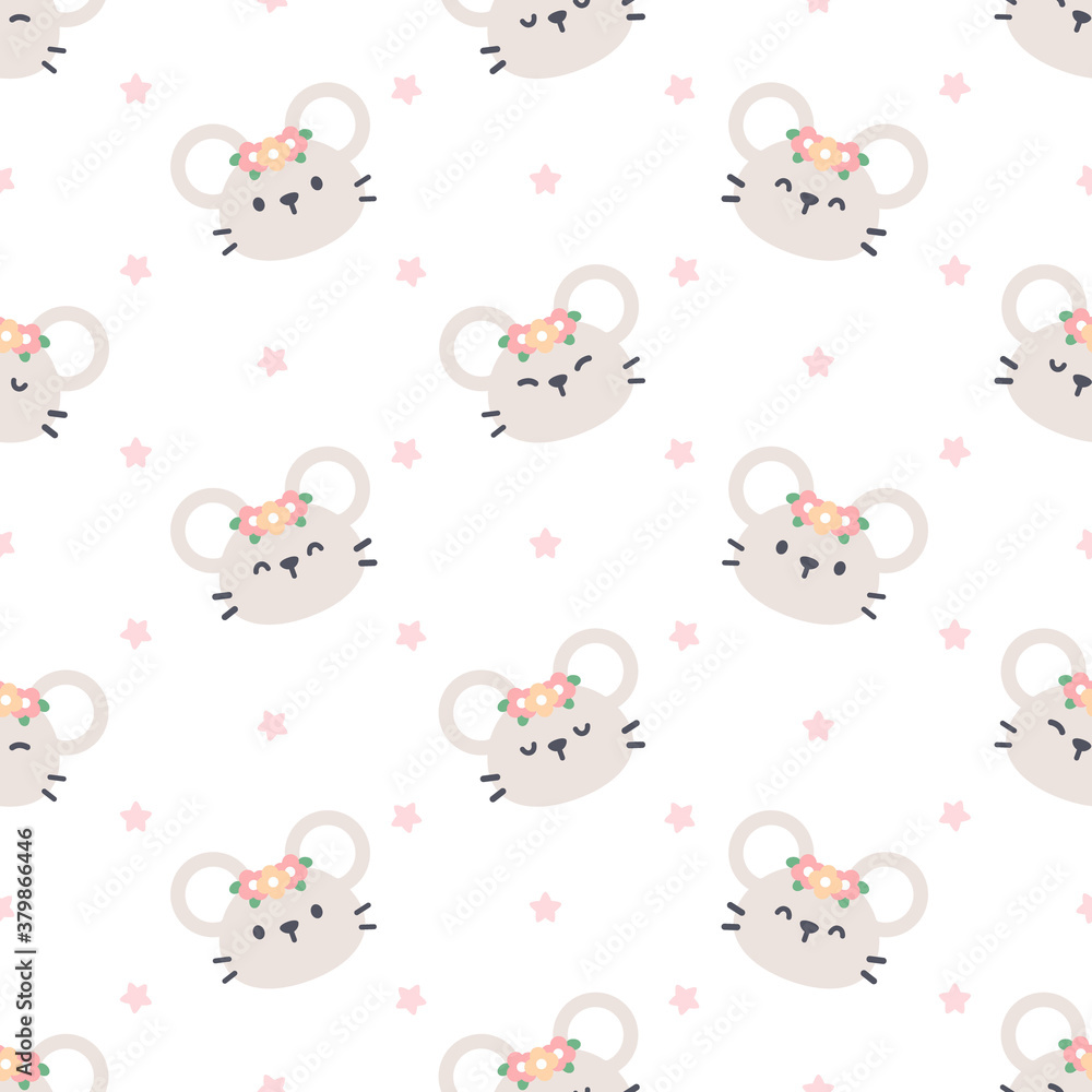 Cute mouse with flower crown seamless pattern background