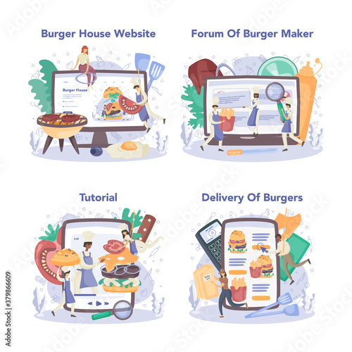 Fast food, burger house online service or platform set. Chef cook tasty