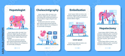 Hepatologist mobile application banner set. Doctor make liver