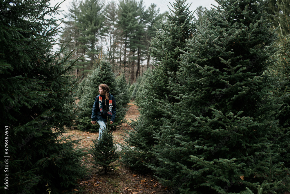young woman standing by Christmas trees young woman standing by Christmas trees