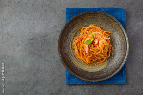 Spaghetti Seafood with Tomato Sauce Decorated with beautiful ingredients.