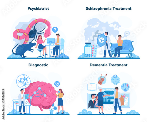Psychiatrist concept set. Mental health diagnostic. Doctor treating