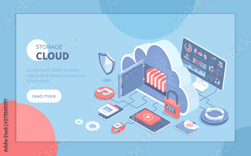 Cloud Storage Service. Internet hosting provider, Data backup, Cloud computing. Big cloud as a safe for files, protected and secure. Isometric vector illustration for presentation, banner, website.
