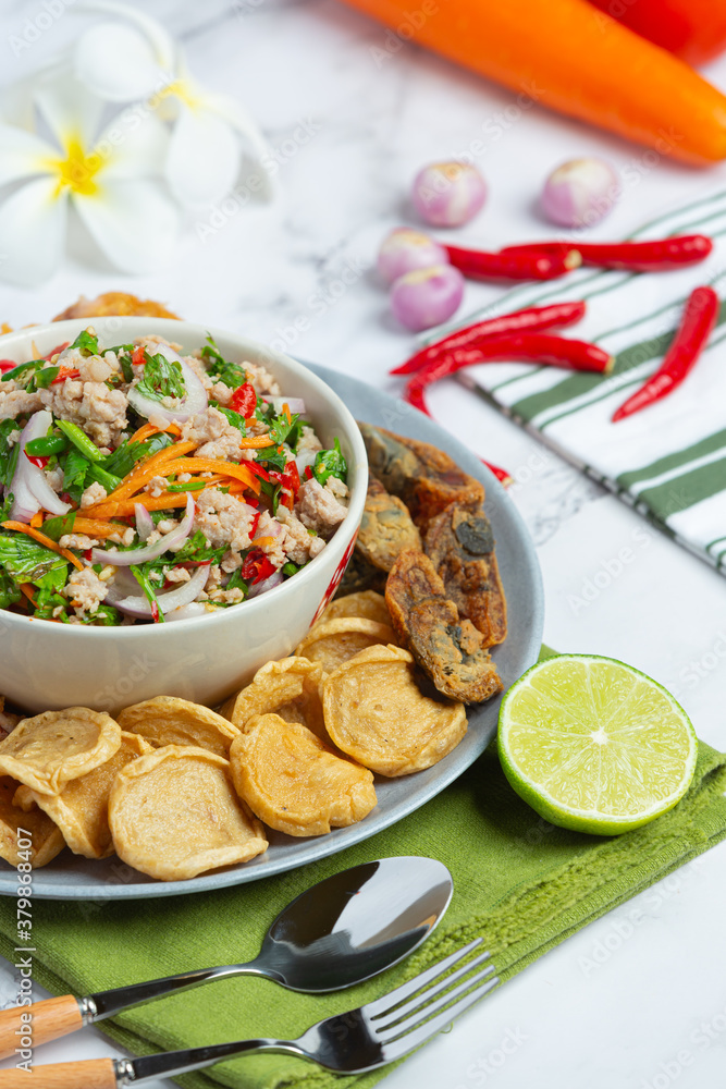 Mixed Spicy Salad with Vietnamese Sausage, Preserved Egg and Crispy Squid, Thai Food. Mixed Spicy Salad with Vietnamese Sausage, Preserved Egg and Crispy Squid, Thai Food.