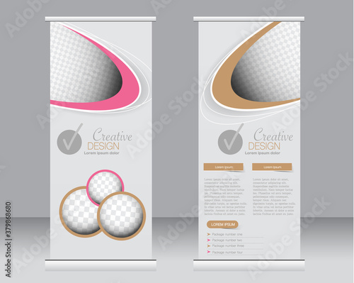 Roll up banner stand template. Abstract background for design,  business, education, advertisement.  BPink and brown color. Vector  illustration. photo