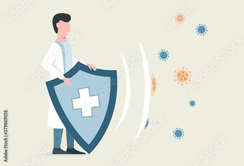 Medical worker reflect bacteria attack with shield. Health coronavirus protection. Vector illustration