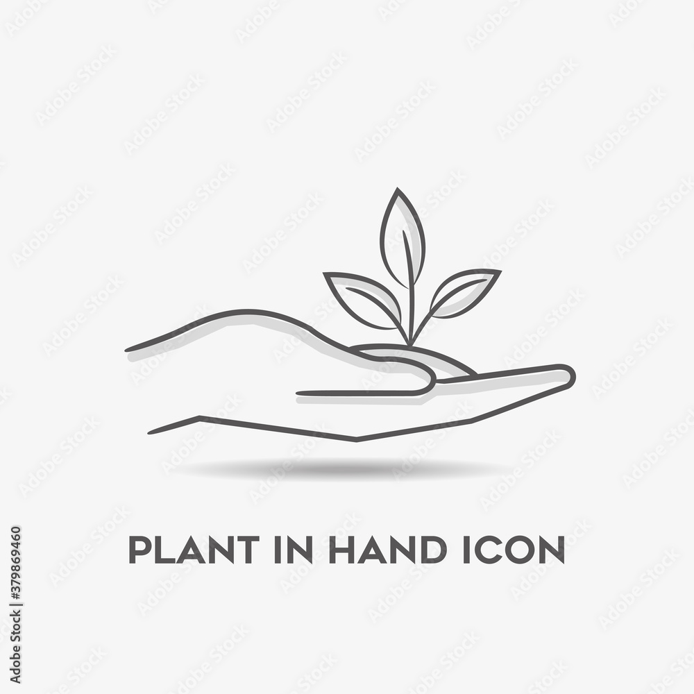 Hand holding plants in outline icon.