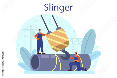 Slinger. Professional workers of constructing industry slinging