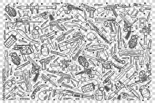 Weapons doodle set. Collection of hand drawn sketches templates patterns of guns rifles shotguns revolvers granades on transparent background. Military equipment illustration.