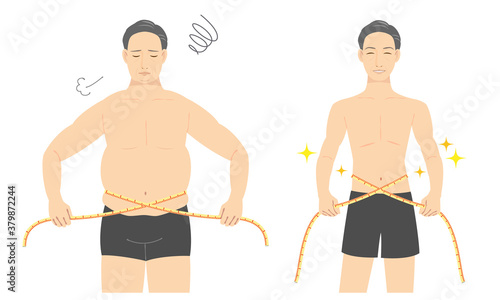 メジャーでウエストを測る中年の男性のイラスト　beforeafter
