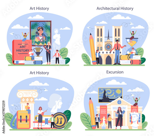History of art school education set. Student studying art history.