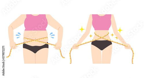  	メジャーでウエストを図る女性の腹部のイラスト　before　after
